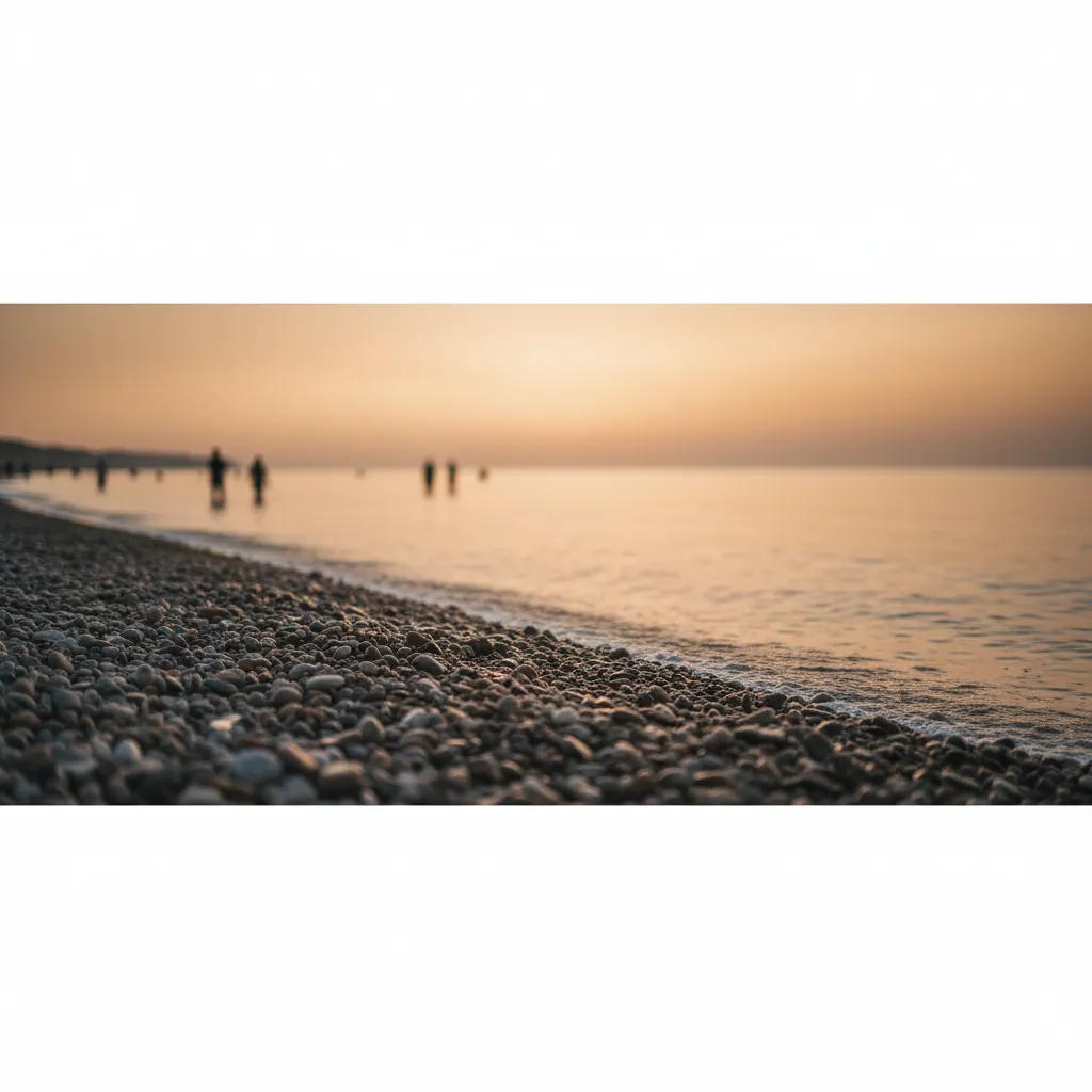Serene British coastal scene at golden hour, pebble beach and calm sea